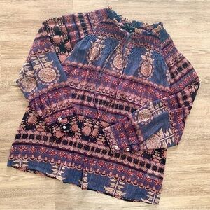 Anthropologie RD + KOKO Sheer Floral Ruched Neck Shimmer Boho Peasant Blouse